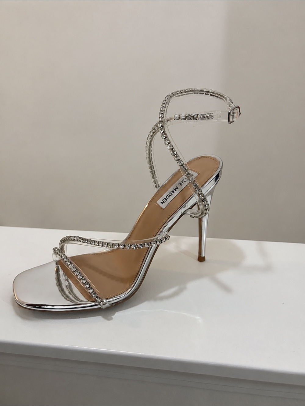 Steve Madden Silver Crystal Rhinestone Cross Ankle Stiletto Sandal